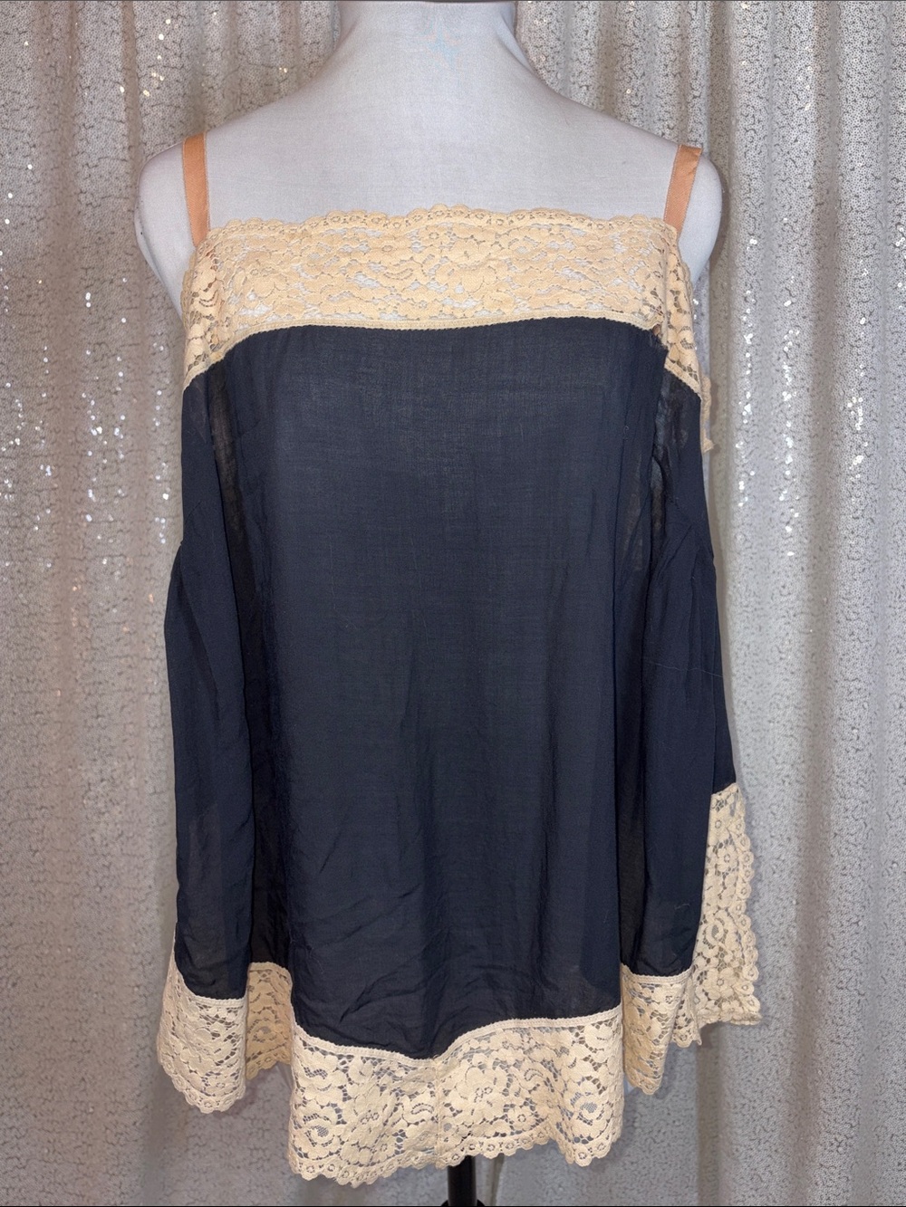 Free People Intimately Camisole Top Black Cream Lace Trim